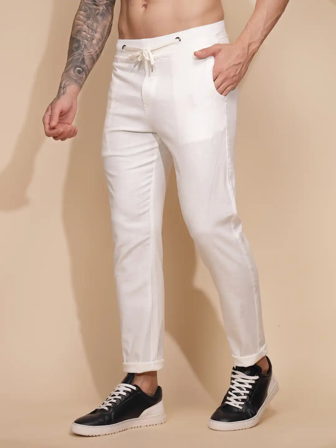 White Cotton Linen Relaxed Fit Lower For Men