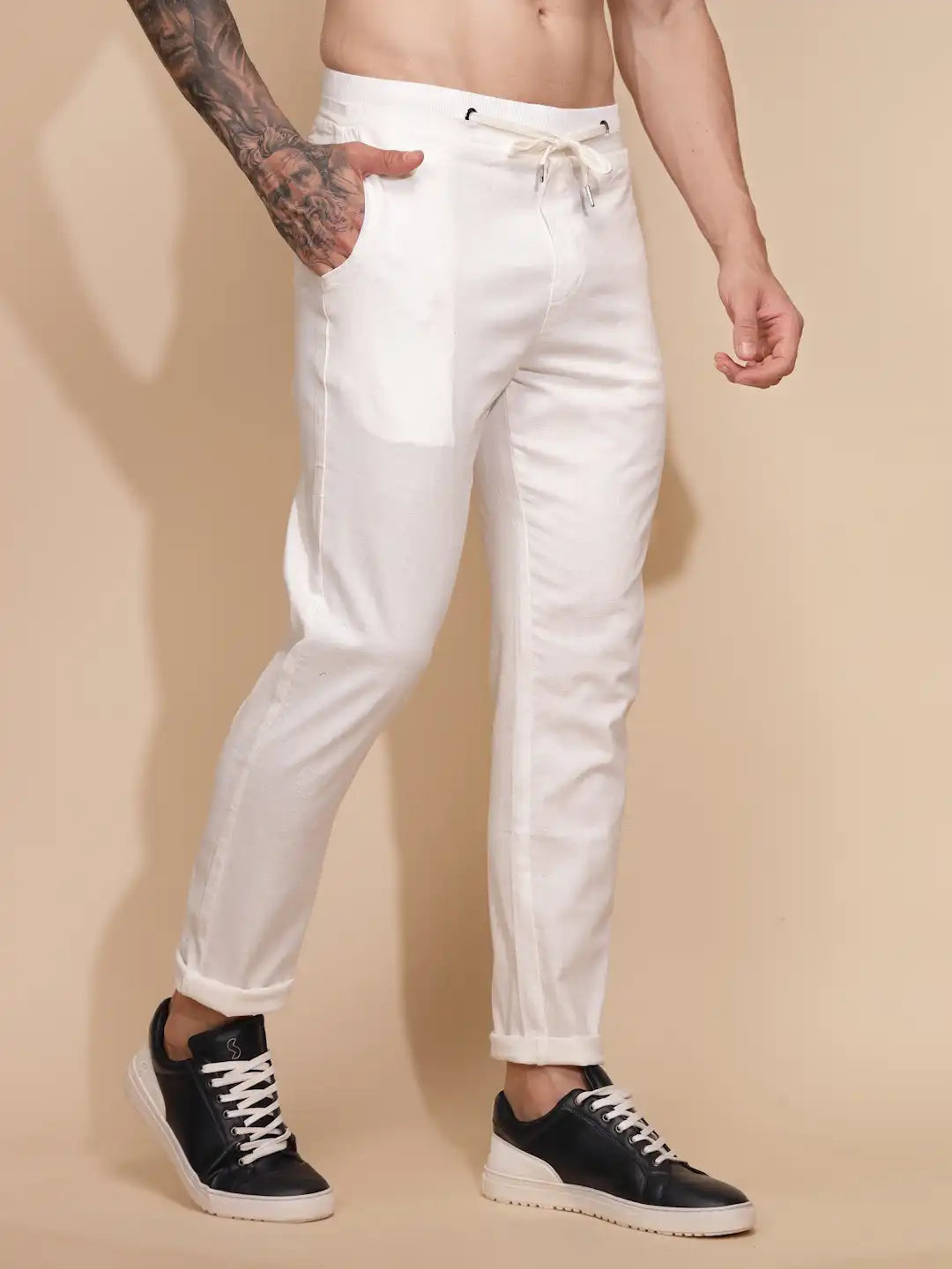 White Cotton Linen Relaxed Fit Lower - Global Republic