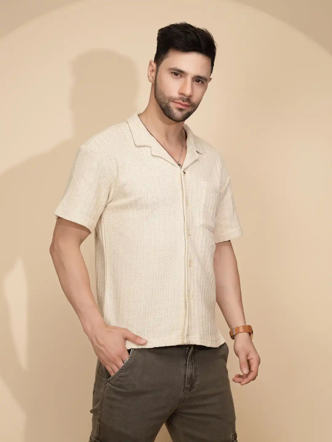 Beige Polycotton Regular Fit Shirt For Mens