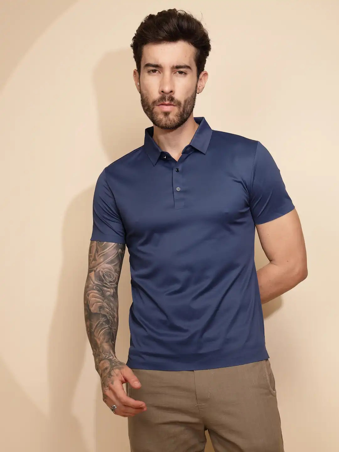 Blue Polyester Blend Regular Fit T-Shirt For Men