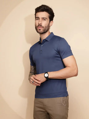 Blue Polyester Blend Regular Fit T-Shirt For Men