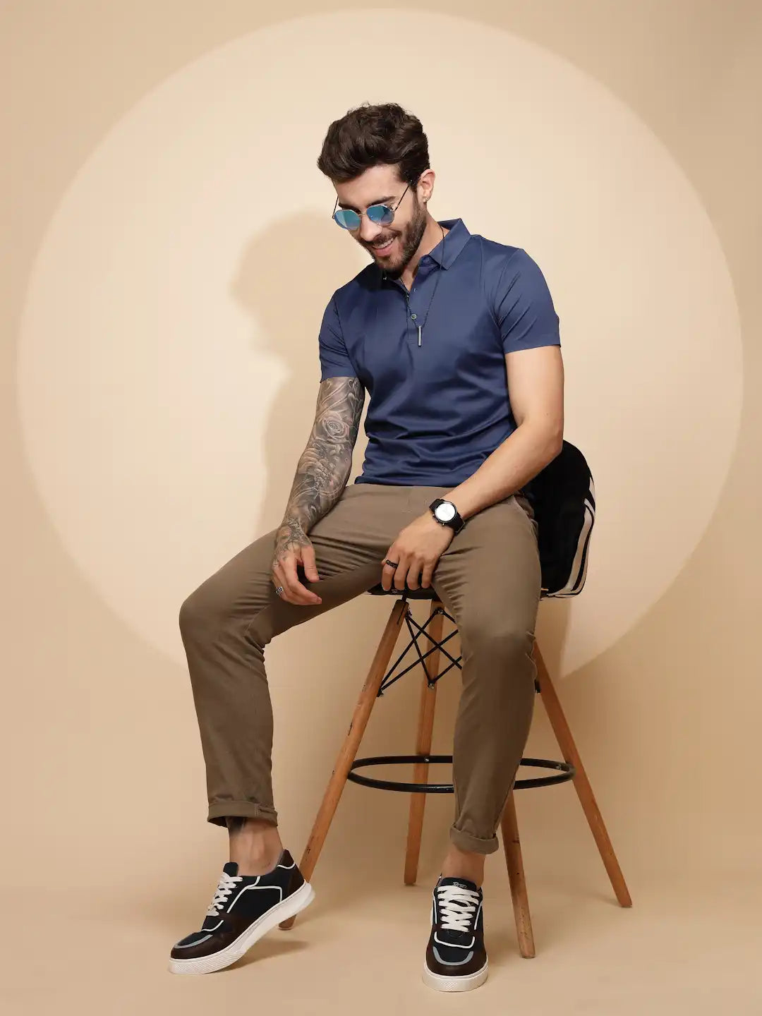 Blue Polyester Blend Regular Fit T-Shirt For Men