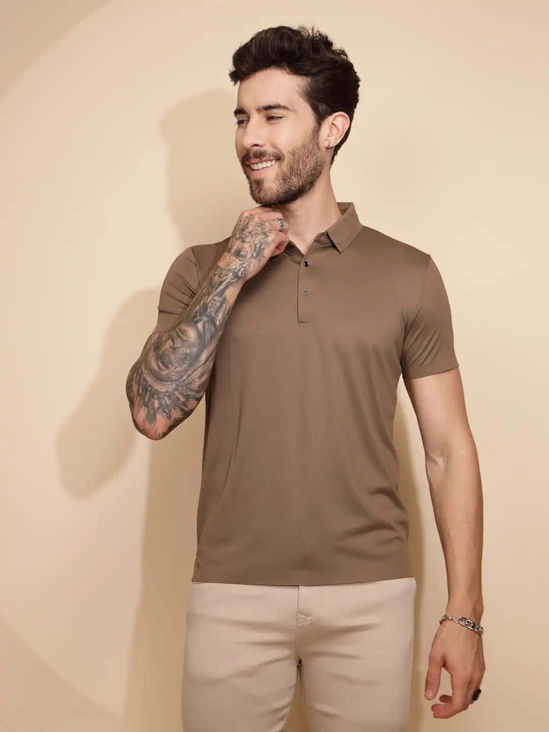 Brown Polyester Blend Regular Fit T-Shirt For Men - Global Republic #