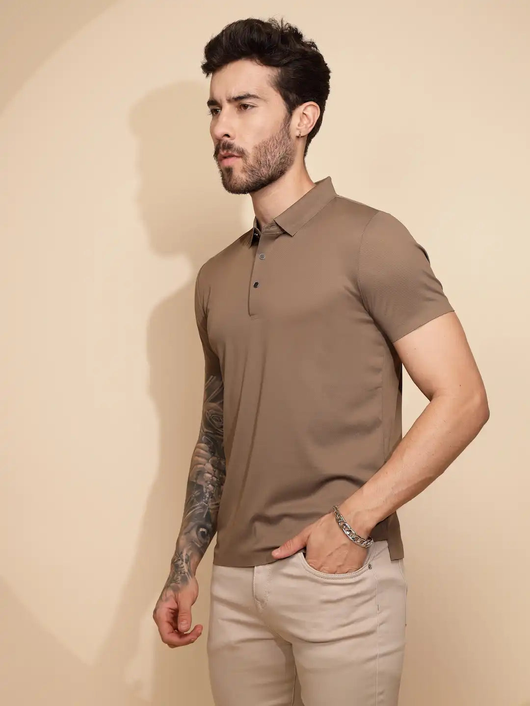 Brown Polyester Blend Regular Fit T-Shirt For Men - Global Republic #