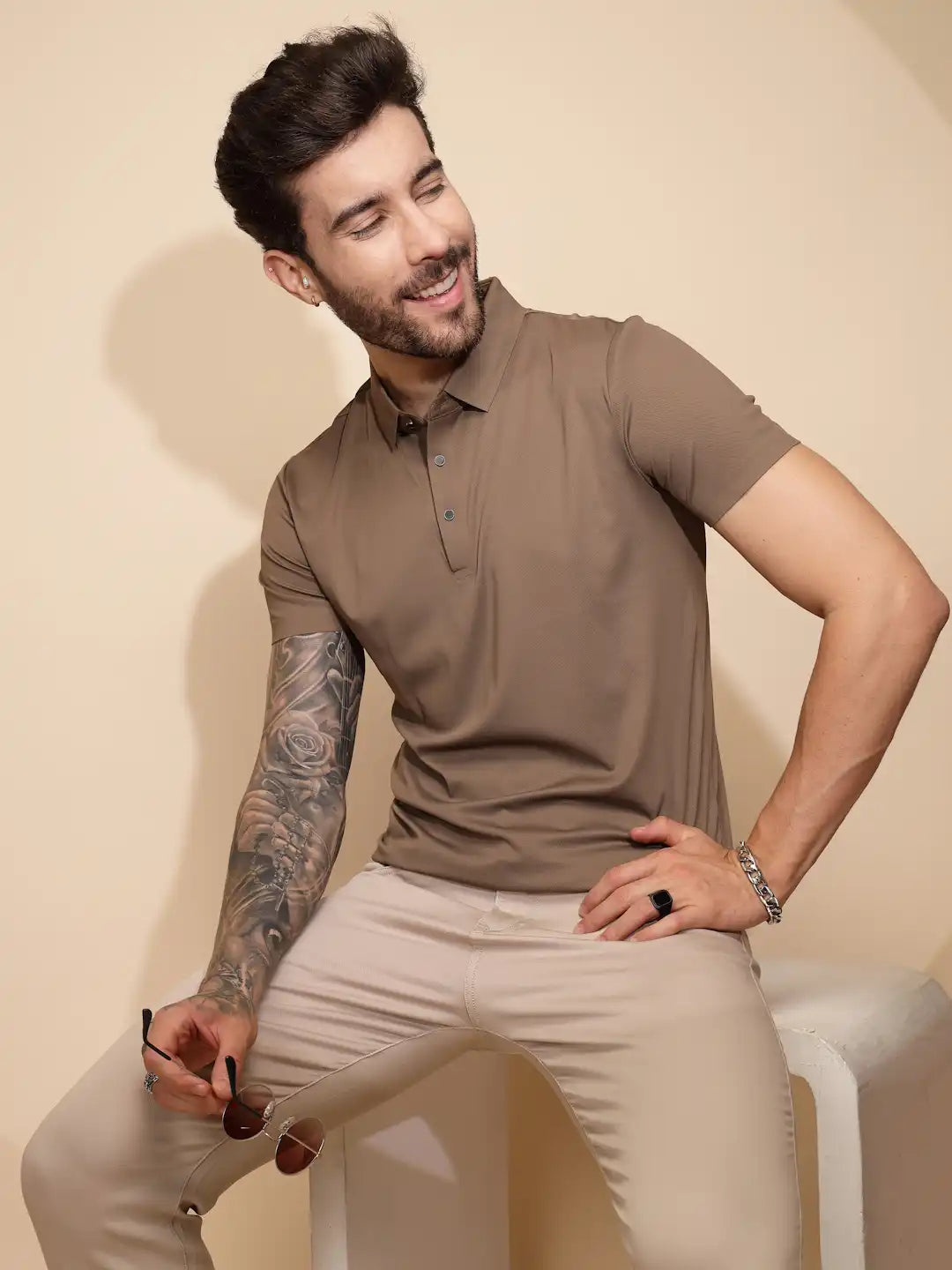 Brown Polyester Blend Regular Fit T-Shirt For Men