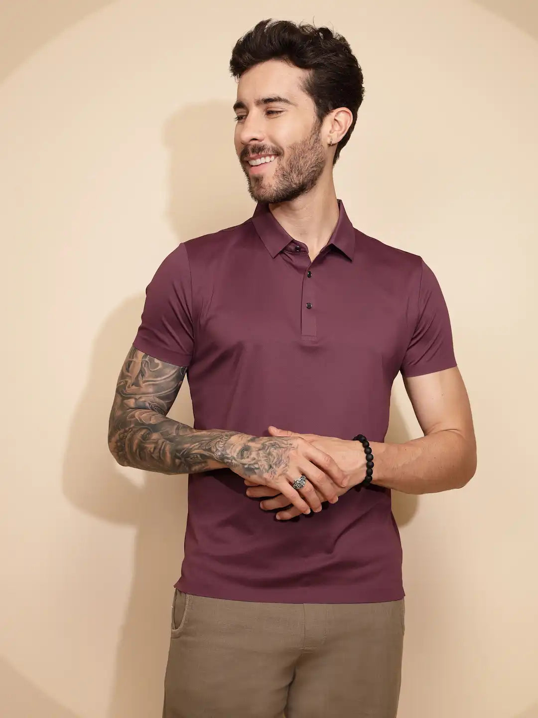 Purple Polyester Blend Regular Fit T-Shirt For Men