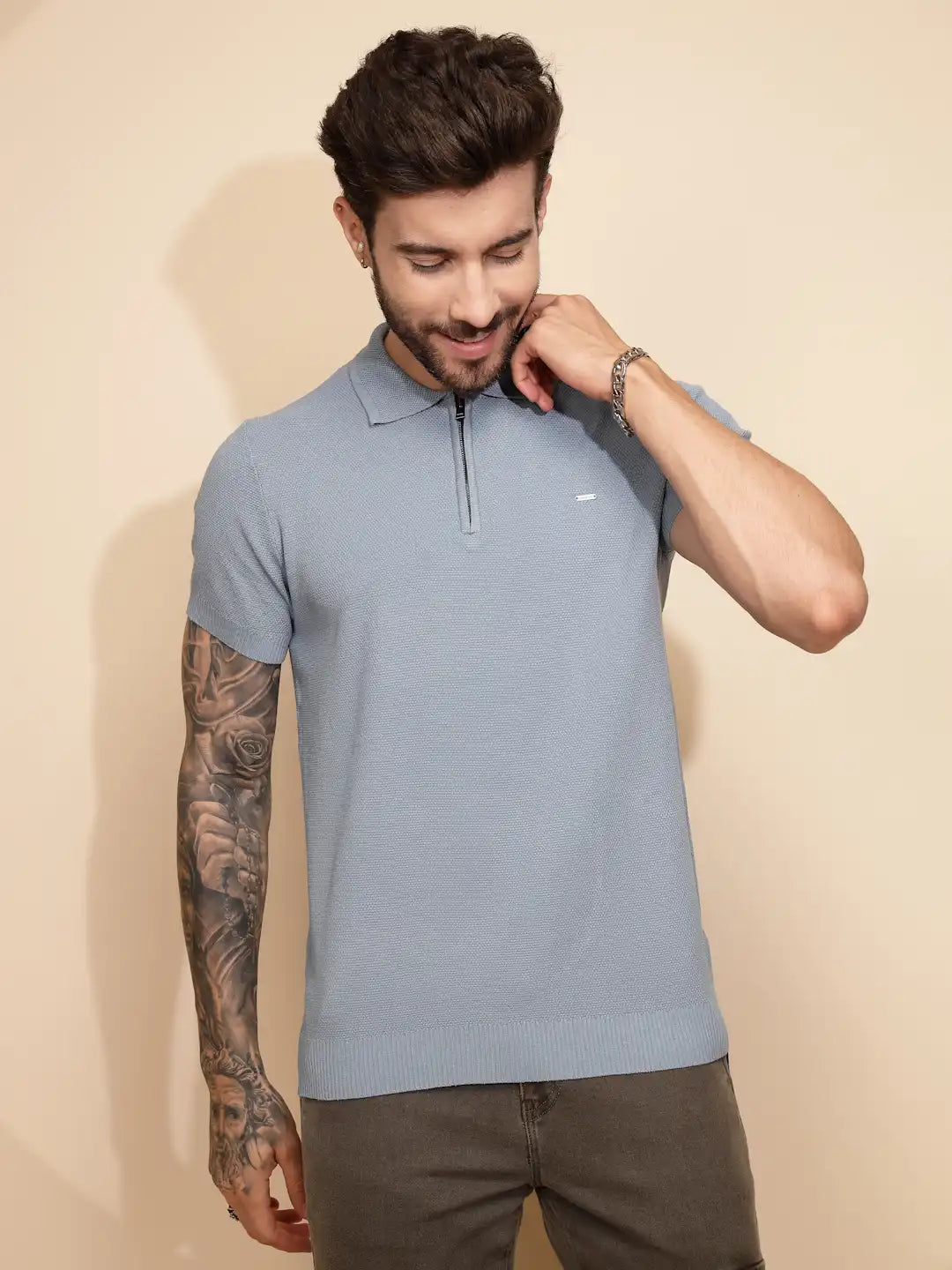 Blue Viscose Blend Regular Fit T-Shirt For Men