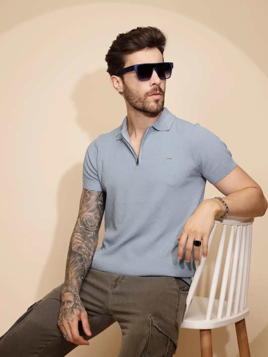 Blue Viscose Blend Regular Fit T-Shirt For Men