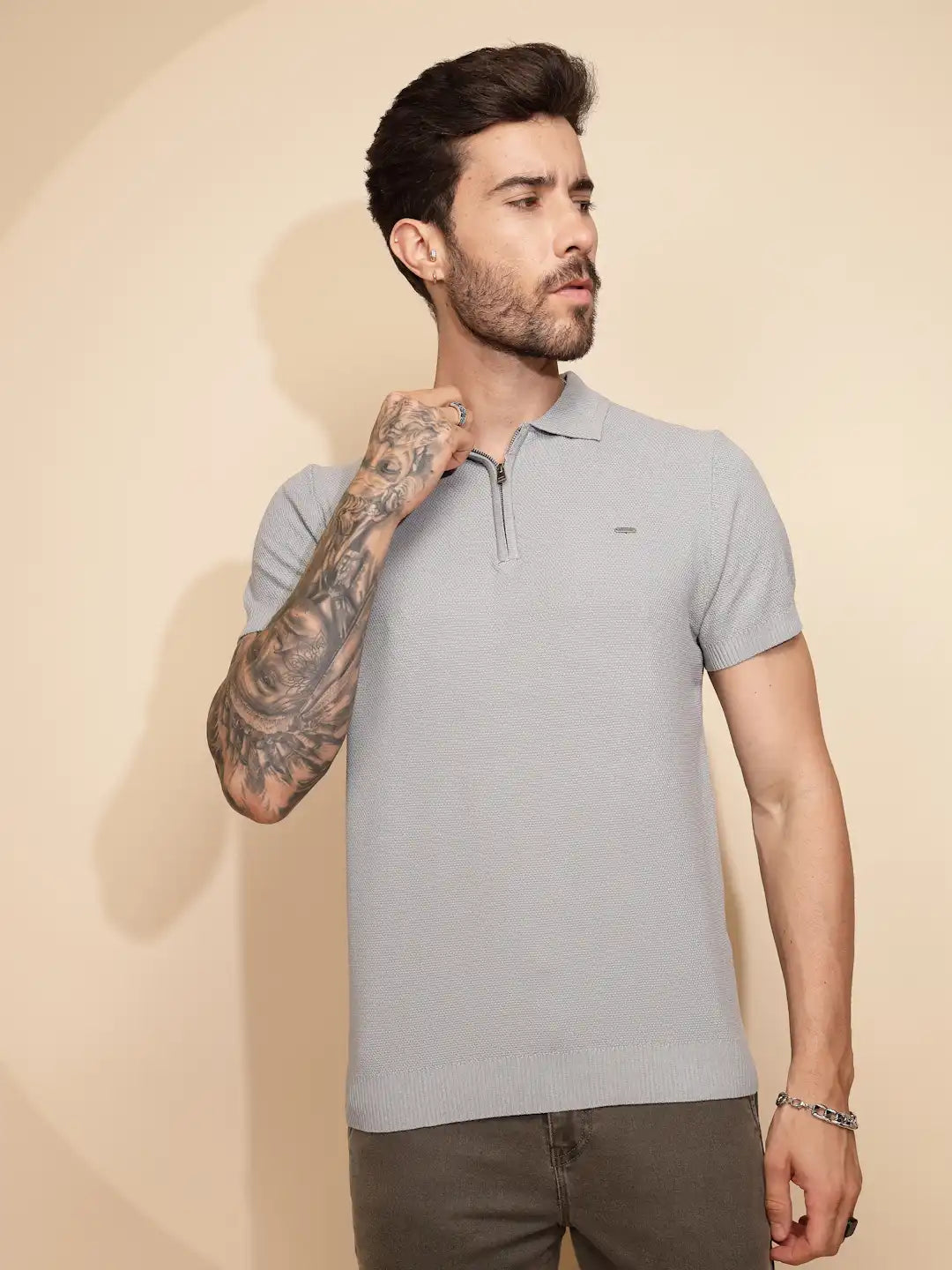 Grey Viscose Blend Regular Fit T-Shirt For Men - Global Republic