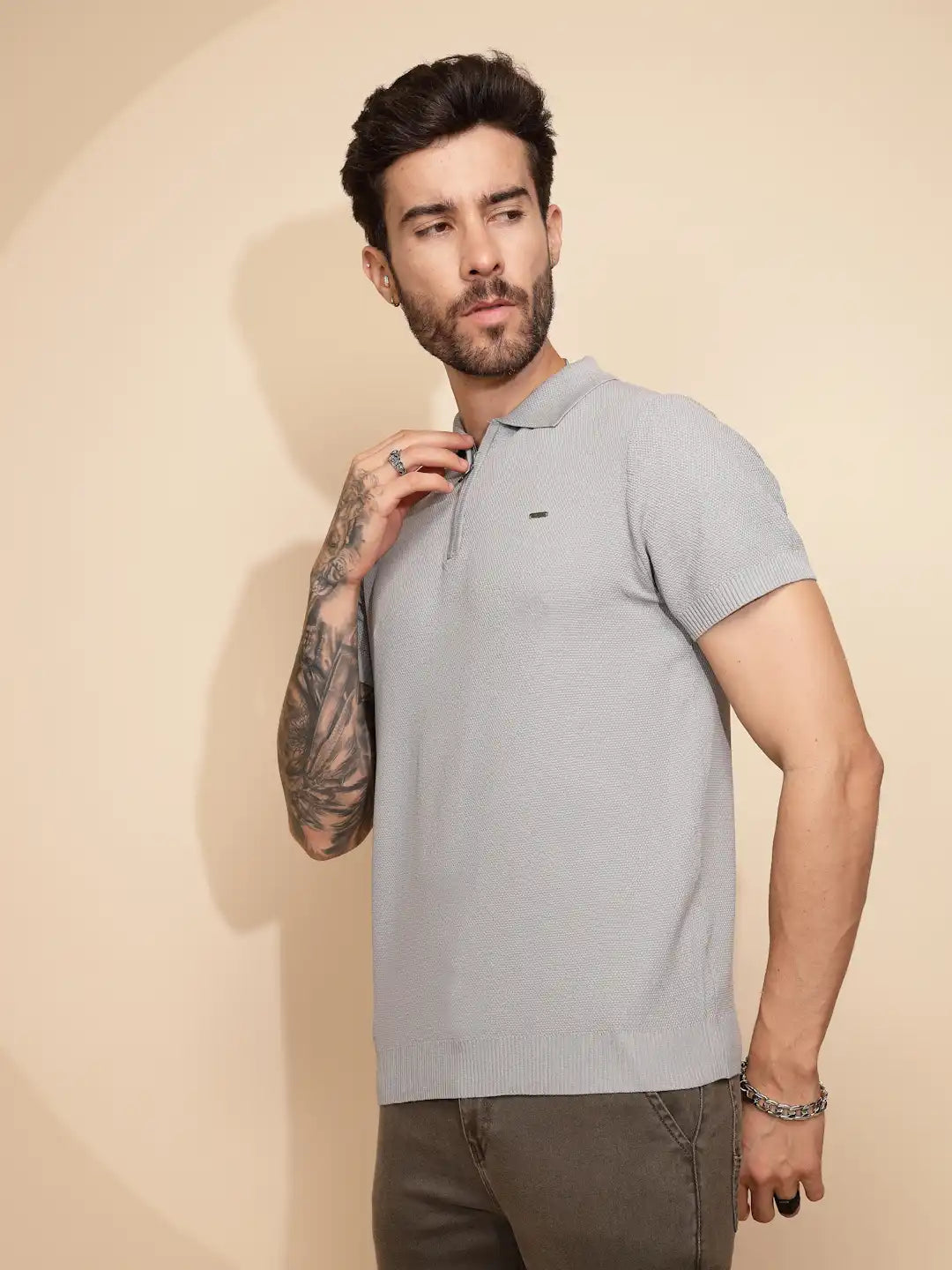 Grey Viscose Blend Regular Fit T-Shirt For Men