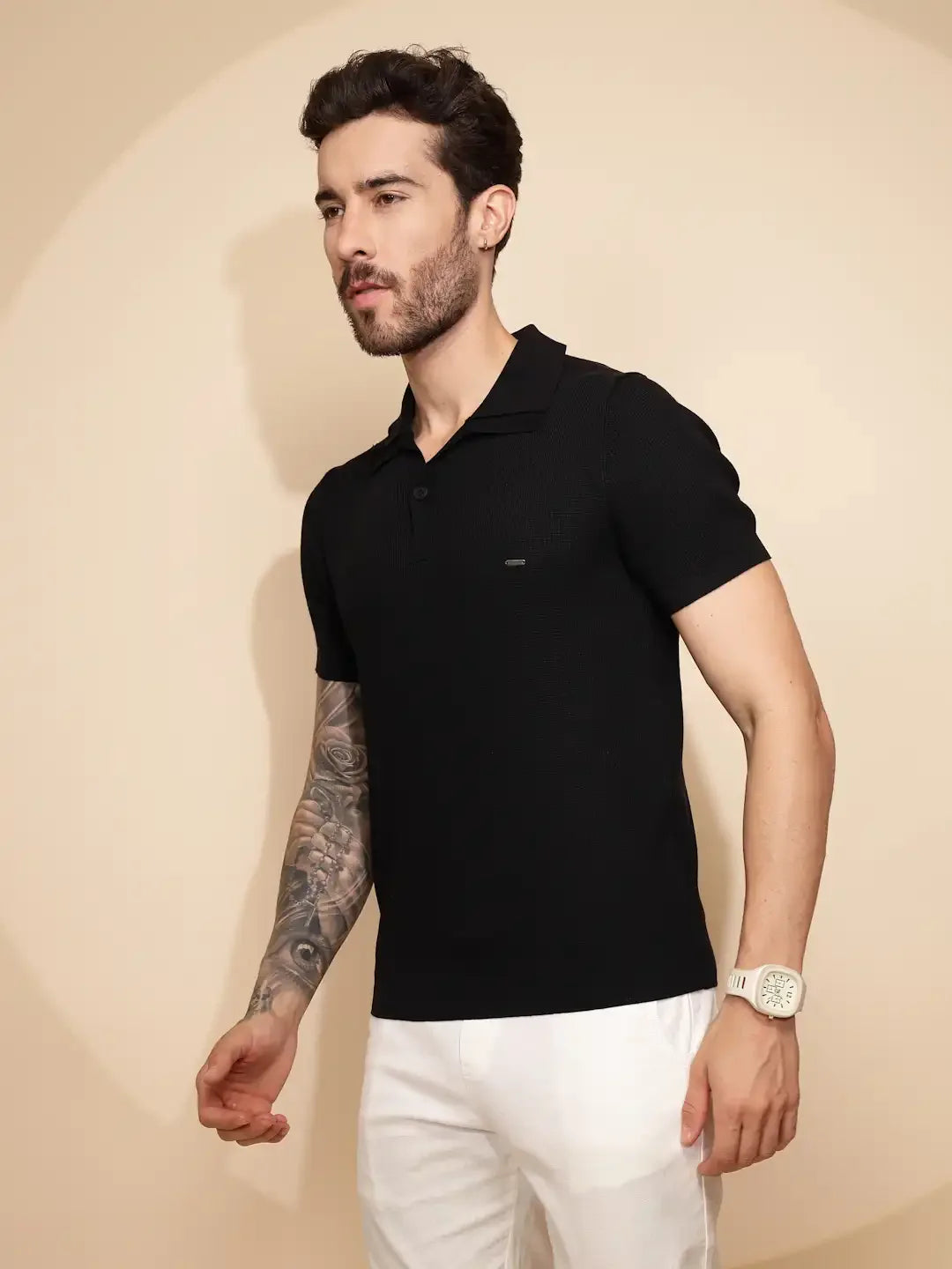 Black Viscose Blend Regular Fit T-Shirt For Men - Global Republic