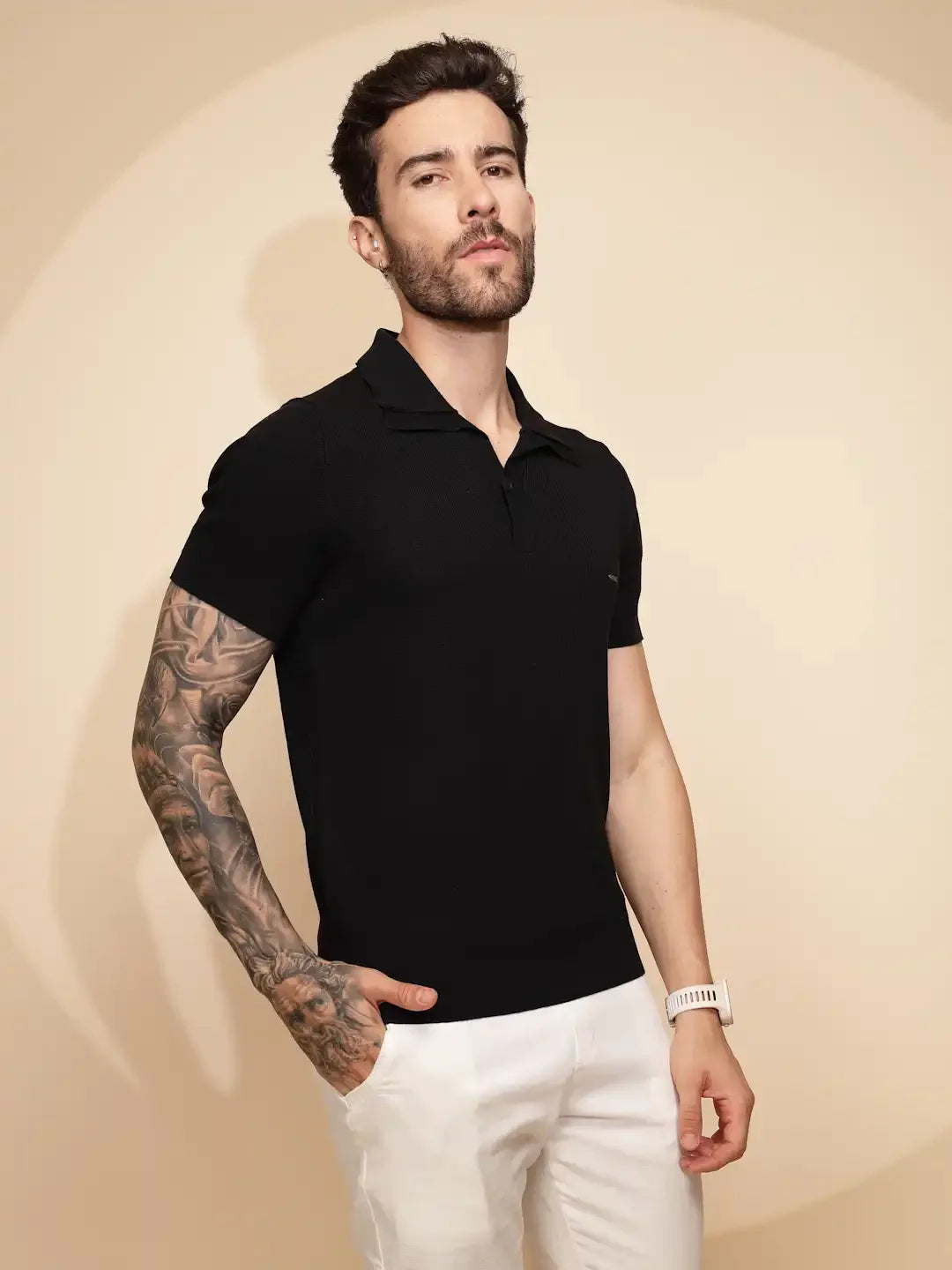 Black Viscose Blend Regular Fit T-Shirt For Men - Global Republic