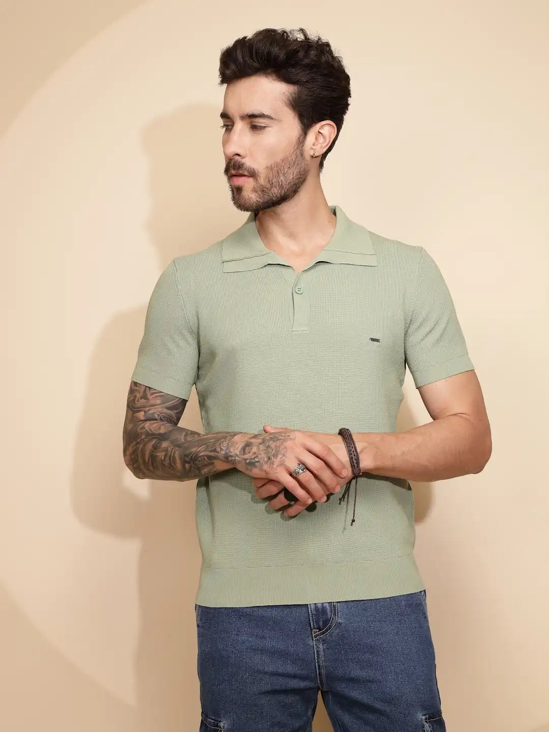 Green Viscose Blend Regular Fit T-Shirt For Men - Global Republic