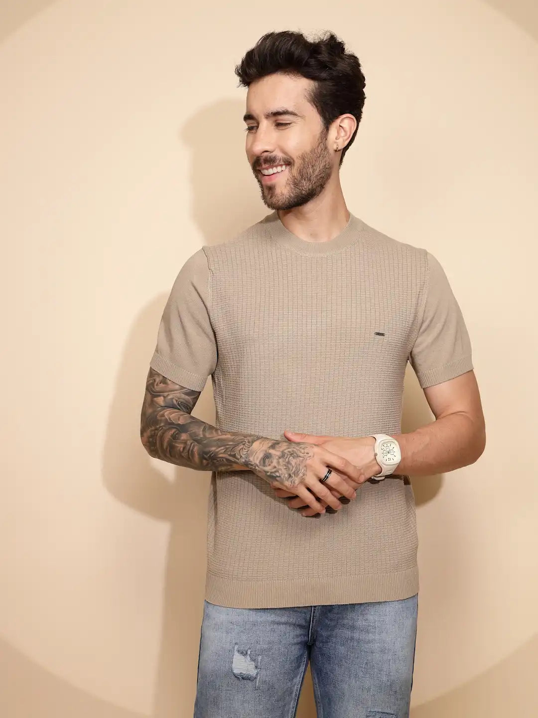 Beige Viscose Blend Regular Fit T-Shirt For Men - Global Republic