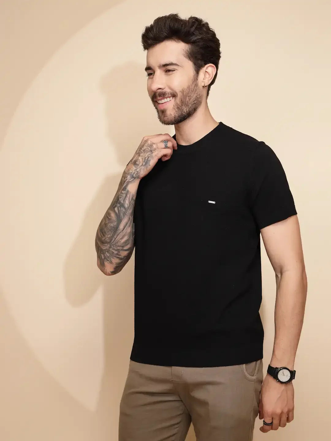 Black Viscose Blend Regular Fit T-Shirt - Global Republic