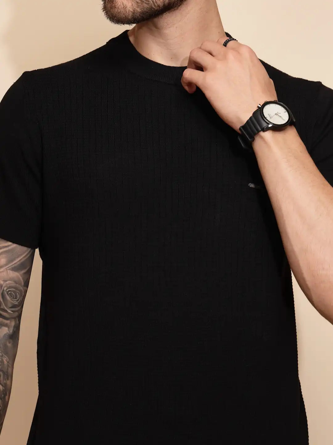 Black Viscose Blend Regular Fit T-Shirt For Men