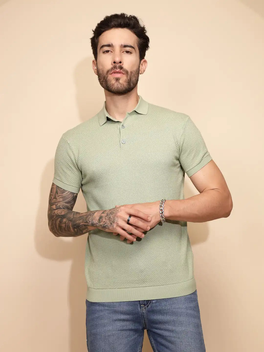 Sage Green Cotton Regular Fit T-Shirt For Men - Global Republic