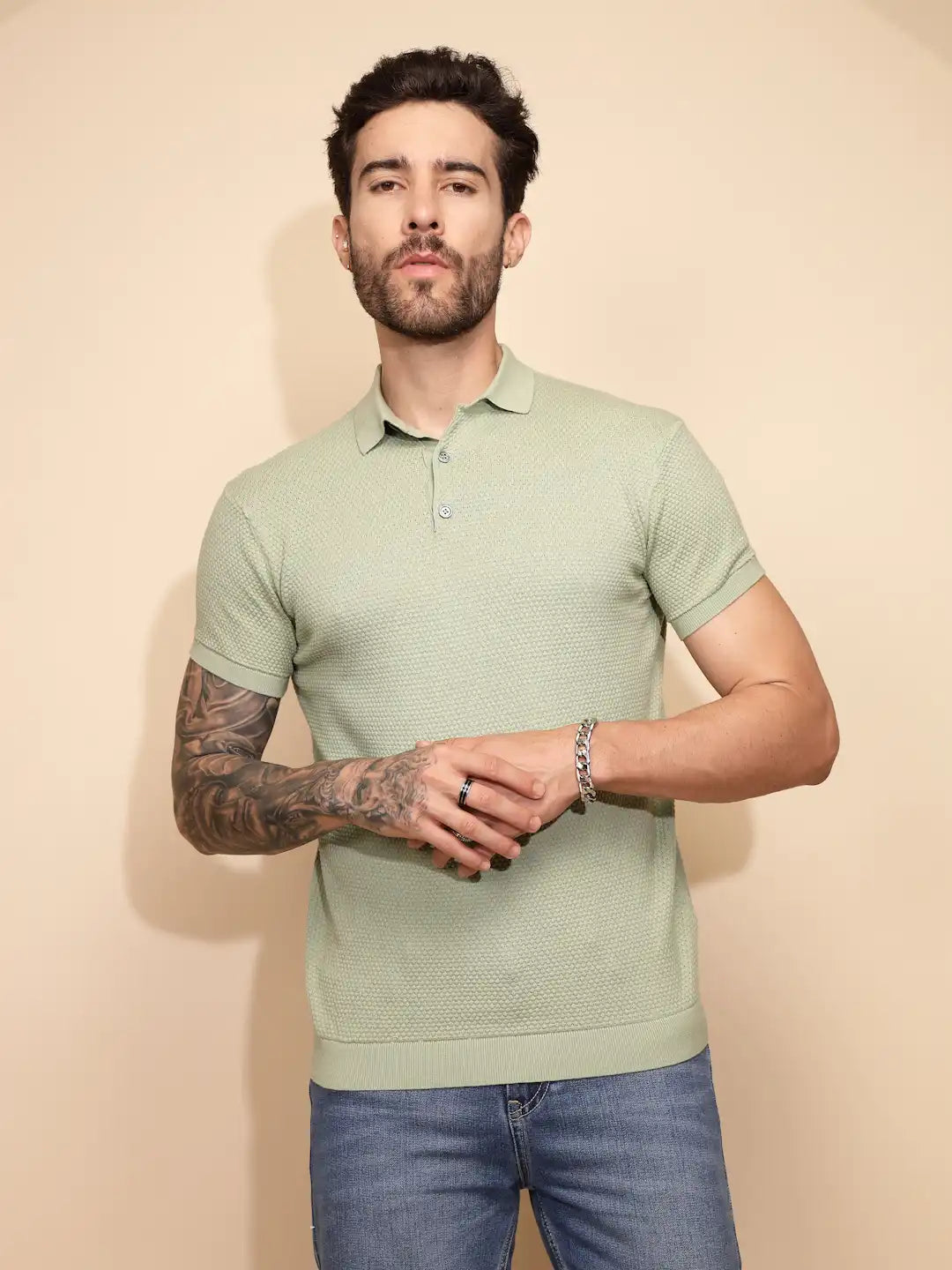 Sage Green Polycotton Regular Fit T-Shirt For Men