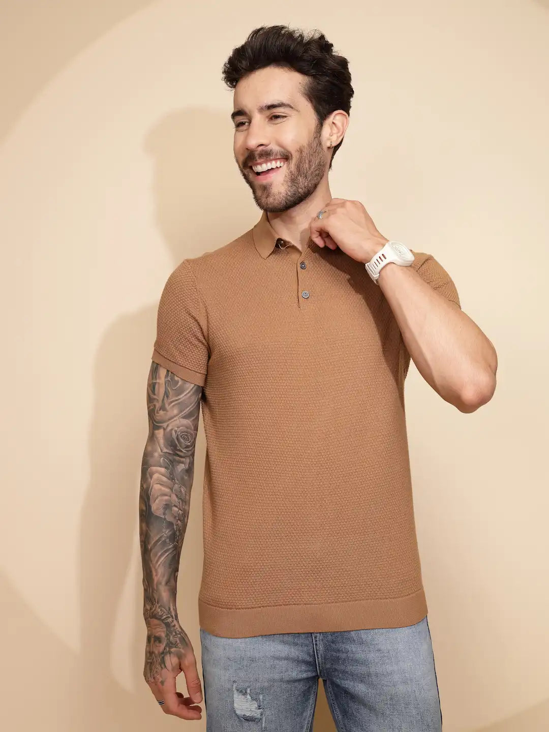 Brown Cotton Regular Fit T-Shirt For Men - Global Republic #