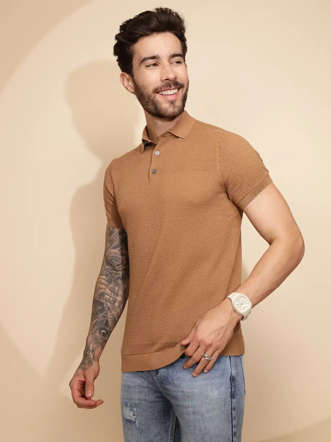 Brown Polycotton Regular Fit T-Shirt For Men