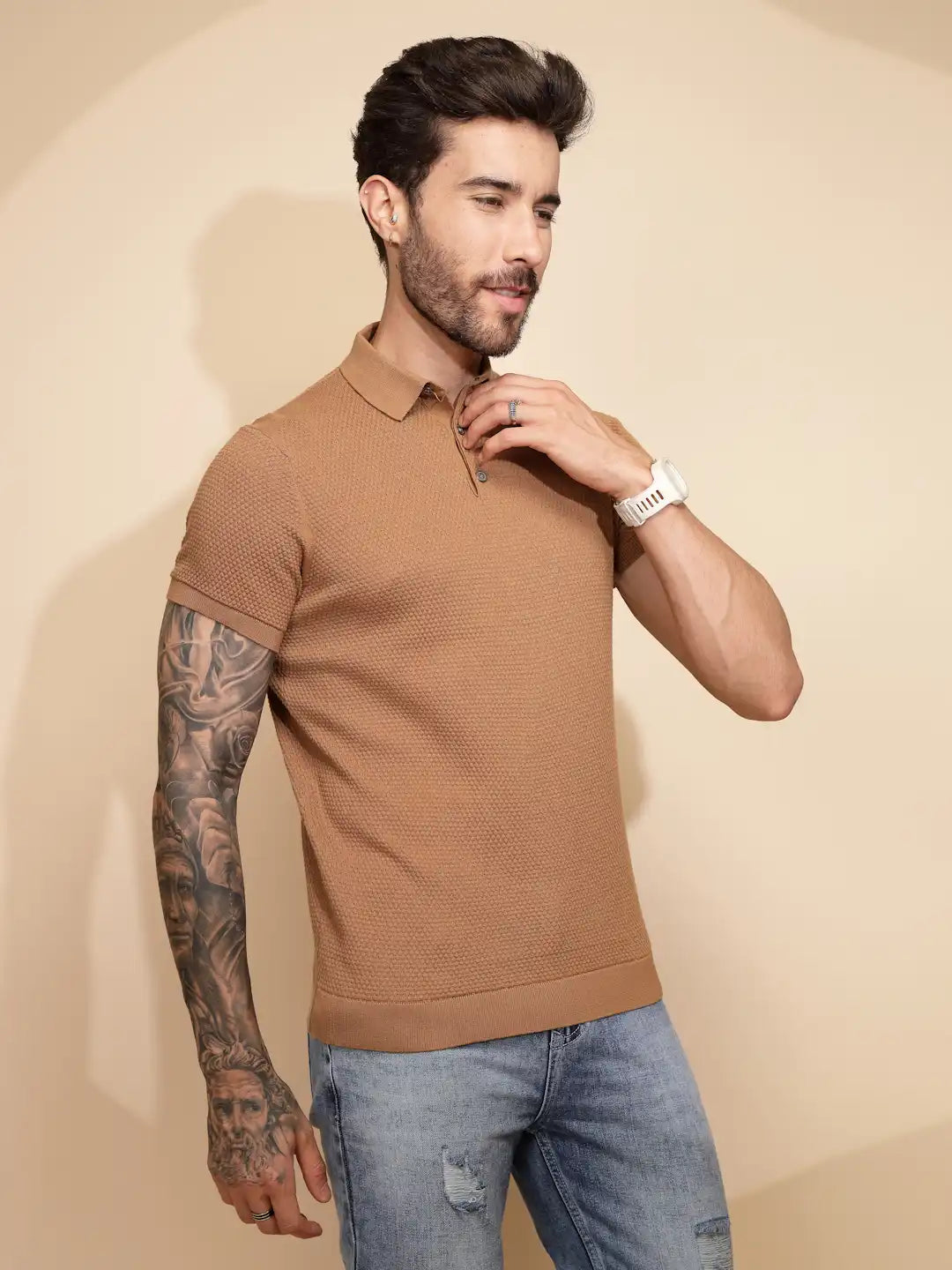 Brown Cotton Regular Fit T-Shirt For Men - Global Republic