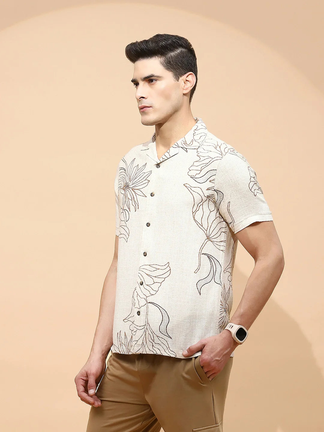 Natural Beige Cotton Regular Fit Shirt For Men - Global Republic