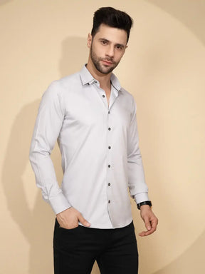 Grey Cotton Blend Regular Fit Shirt - Global Republic