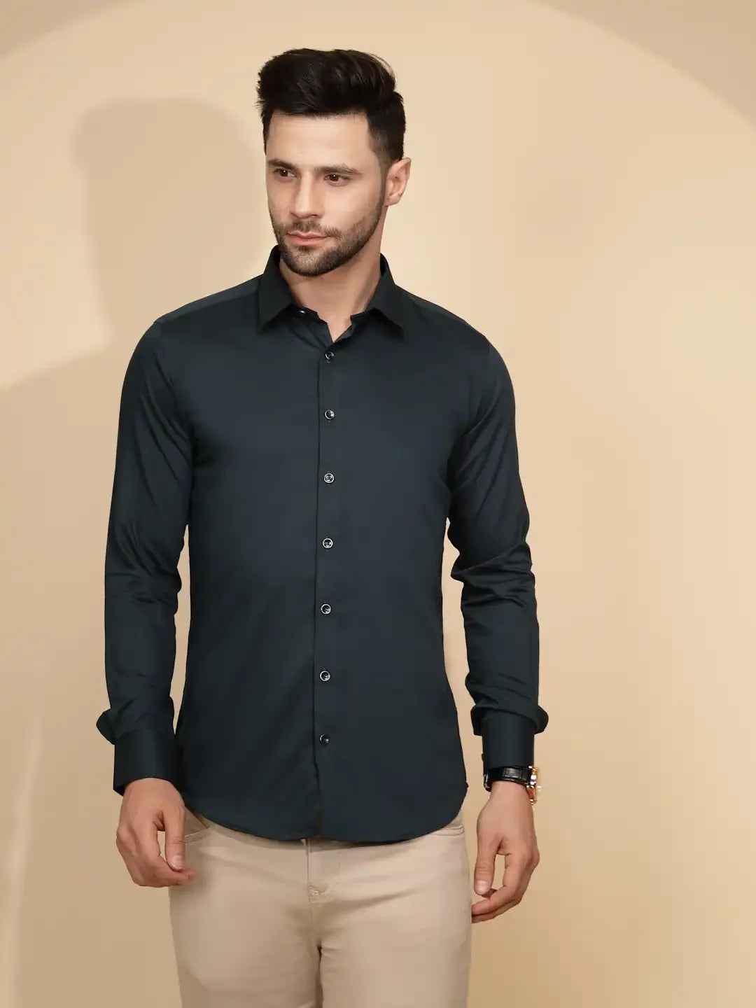 Teal Cotton Blend Regular Fit Shirt For Men - Global Republic