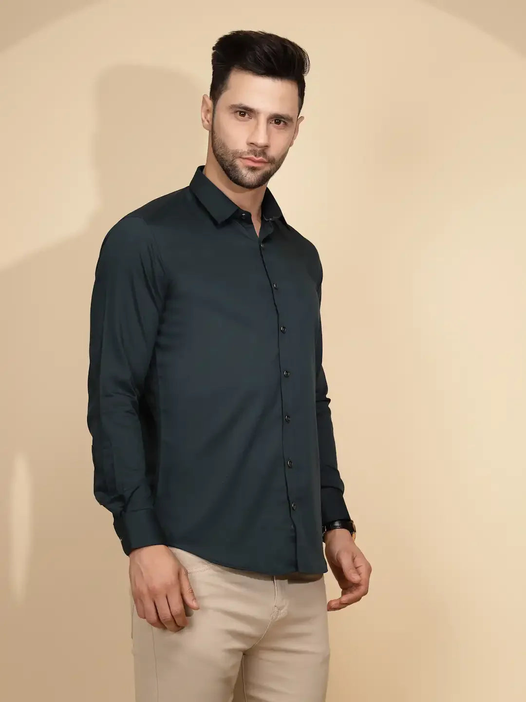 Teal Cotton Blend Regular Fit Shirt For Men - Global Republic