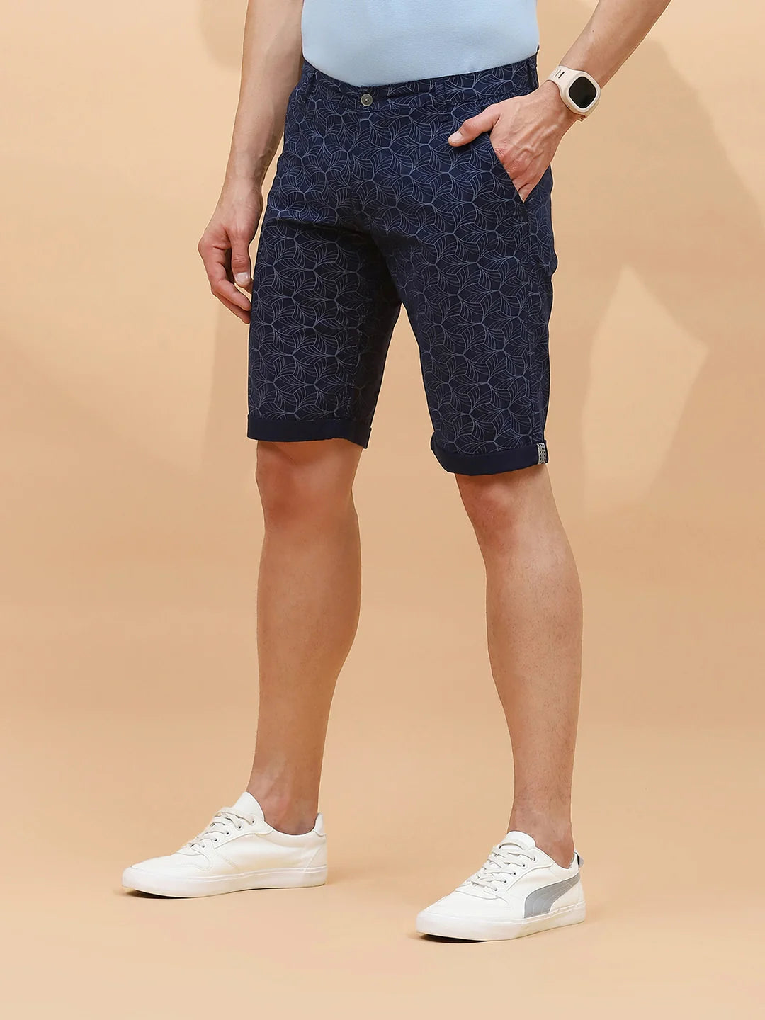 Navy Print Cotton Blend Regular Fit Shorts For Men - Global Republic