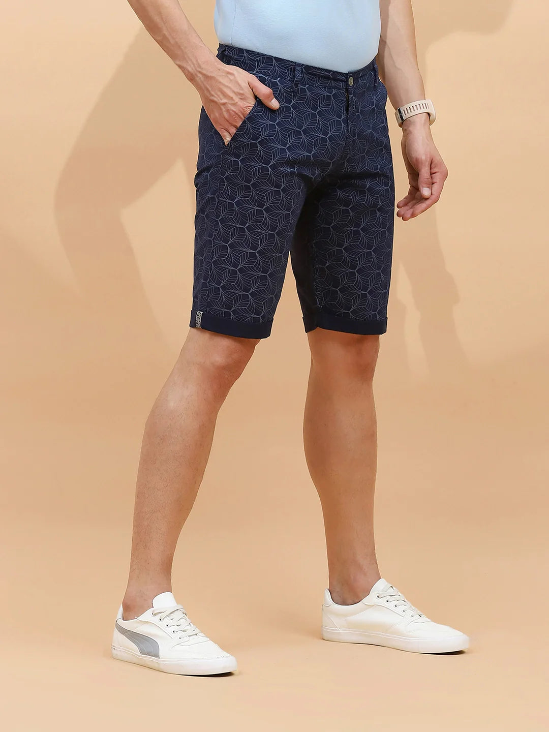 Navy Print Cotton Blend Regular Fit Shorts For Men - Global Republic