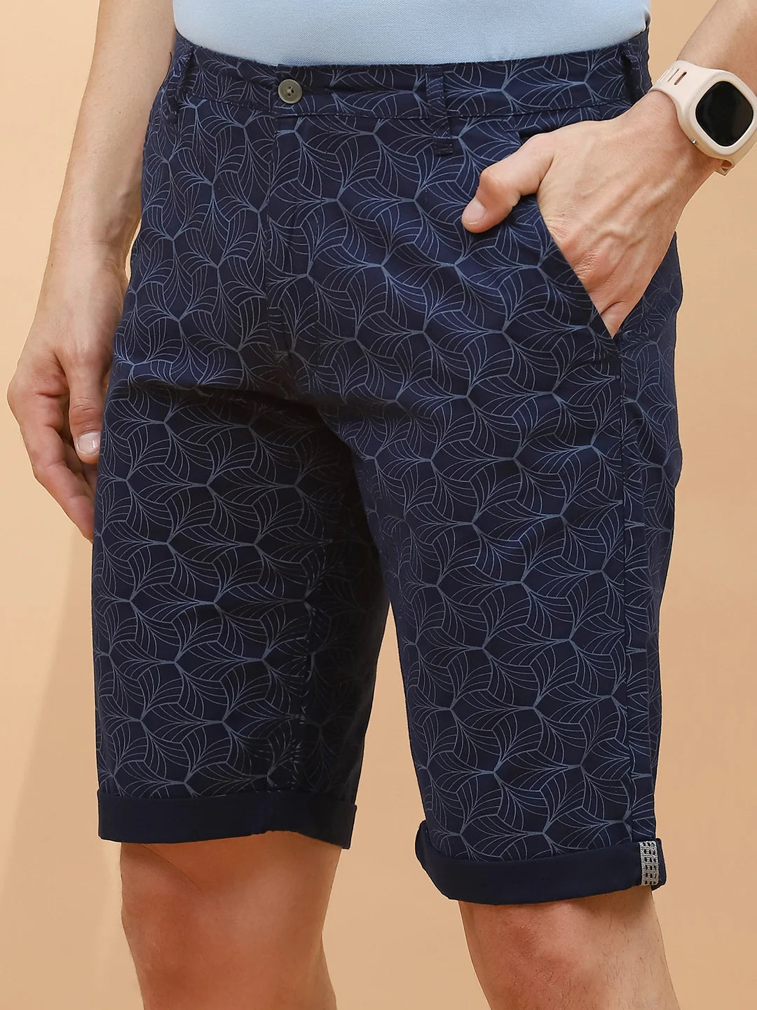 Navy Print Cotton Blend Regular Fit Shorts For Men - Global Republic