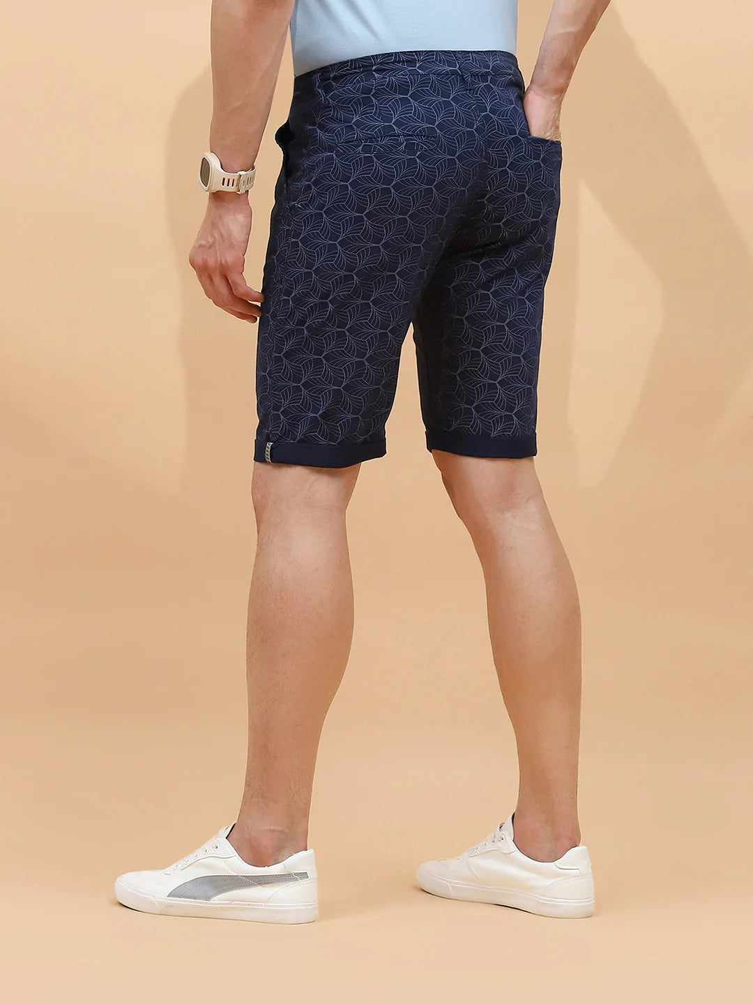 Navy Print Cotton Blend Regular Fit Shorts For Men - Global Republic