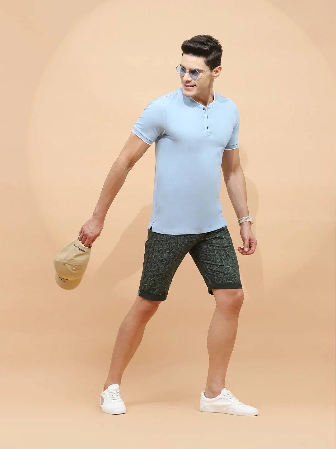 Olive Print Cotton Blend Regular Fit Shorts For Men