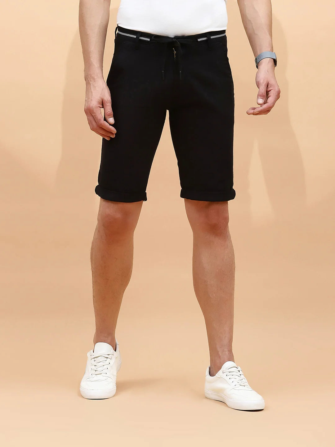 Black Cotton Blend Regular Fit Shorts For Men - Global Republic