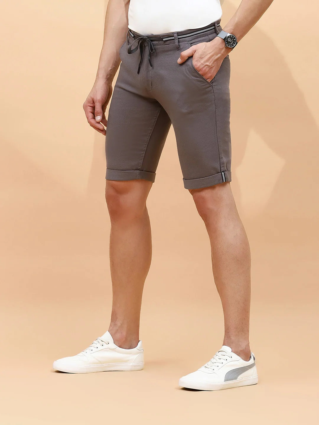 Grey Cotton Blend Regular Fit Shorts For Men - Global Republic
