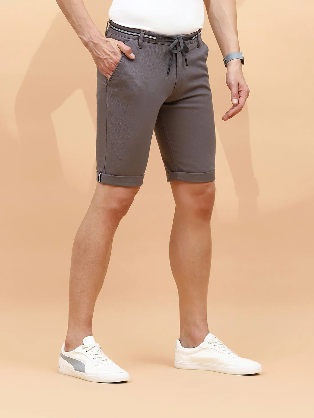 Grey Cotton Blend Regular Fit Shorts For Men