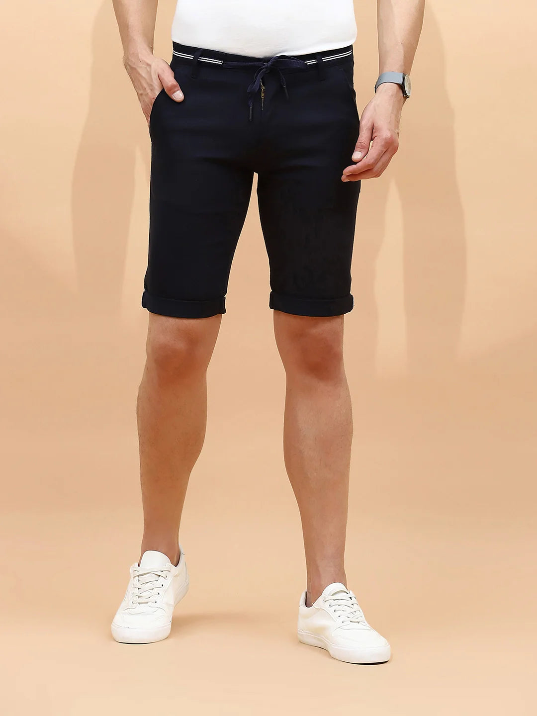Navy Cotton Blend Regular Fit Shorts For Men