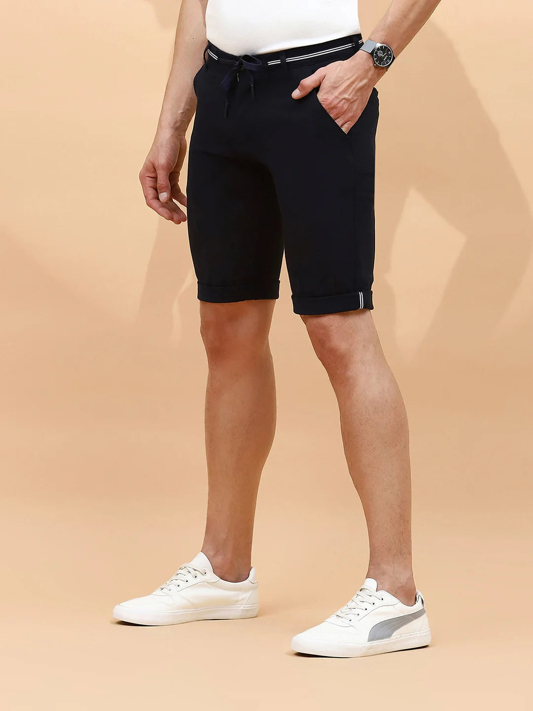 Navy Cotton Blend Regular Fit Shorts For Men