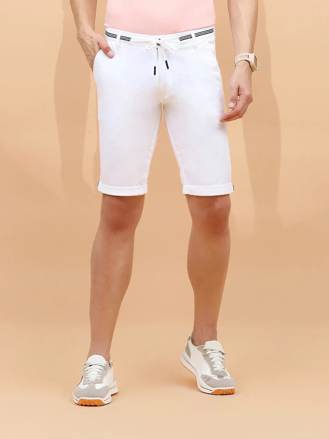 White Cotton Blend Regular Fit Shorts For Men