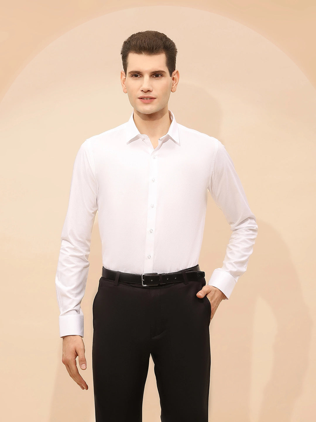 White Cotton Blend Tailored Fit Shirt For Men