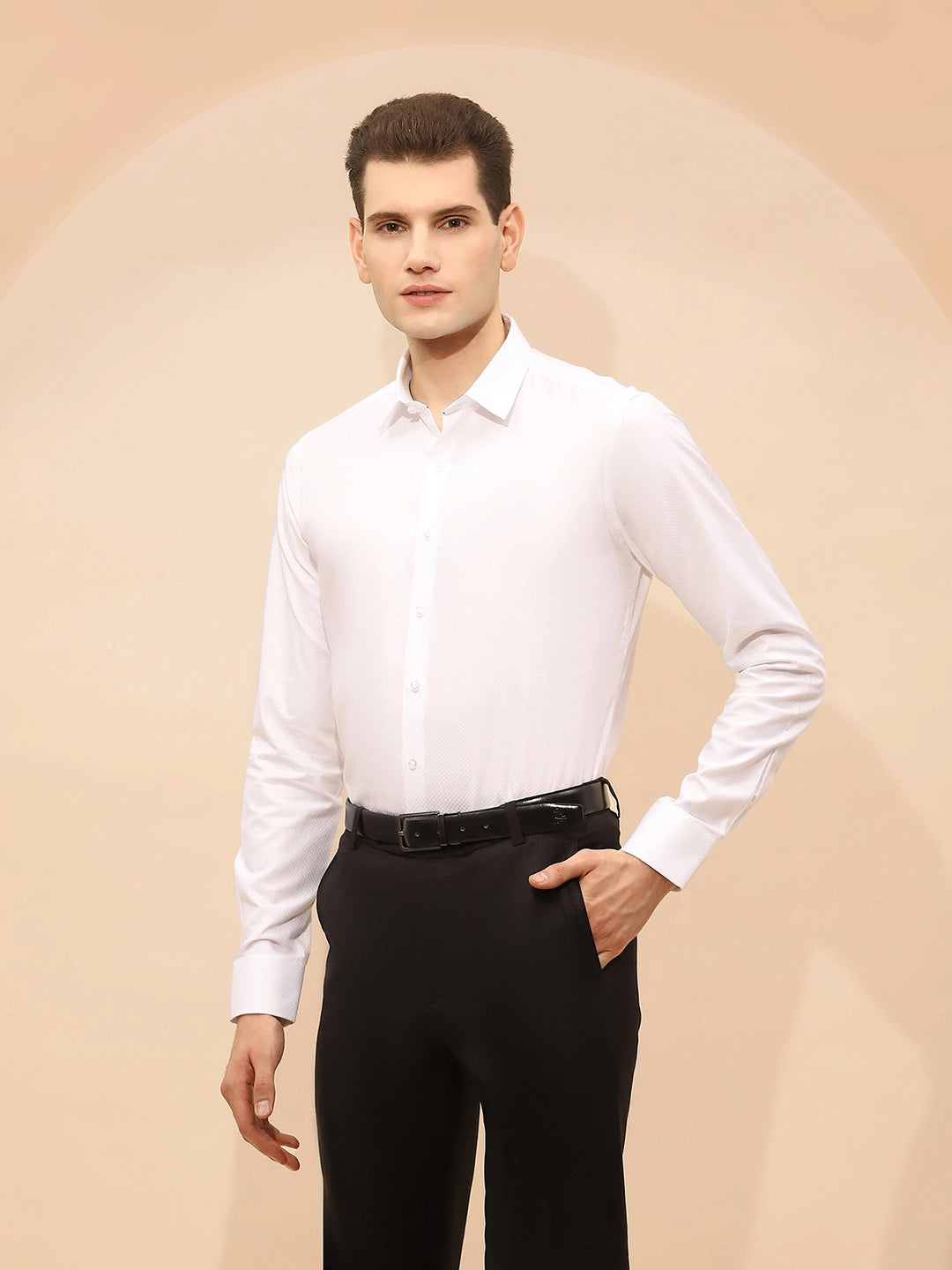 White Cotton Blend Tailored Fit Shirt For Men