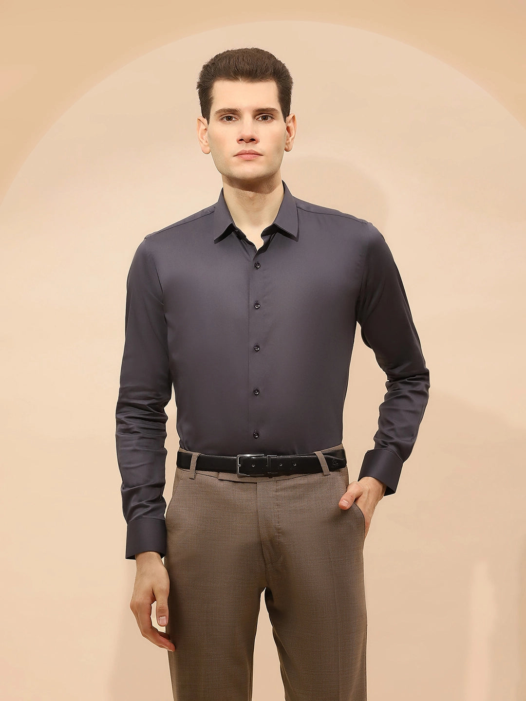 Grey Tailored Fit Cotton Blend Shirt - Global Republic