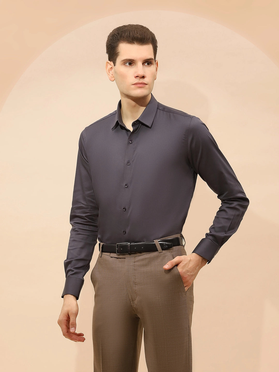 Grey Tailored Fit Cotton Blend Shirt - Global Republic