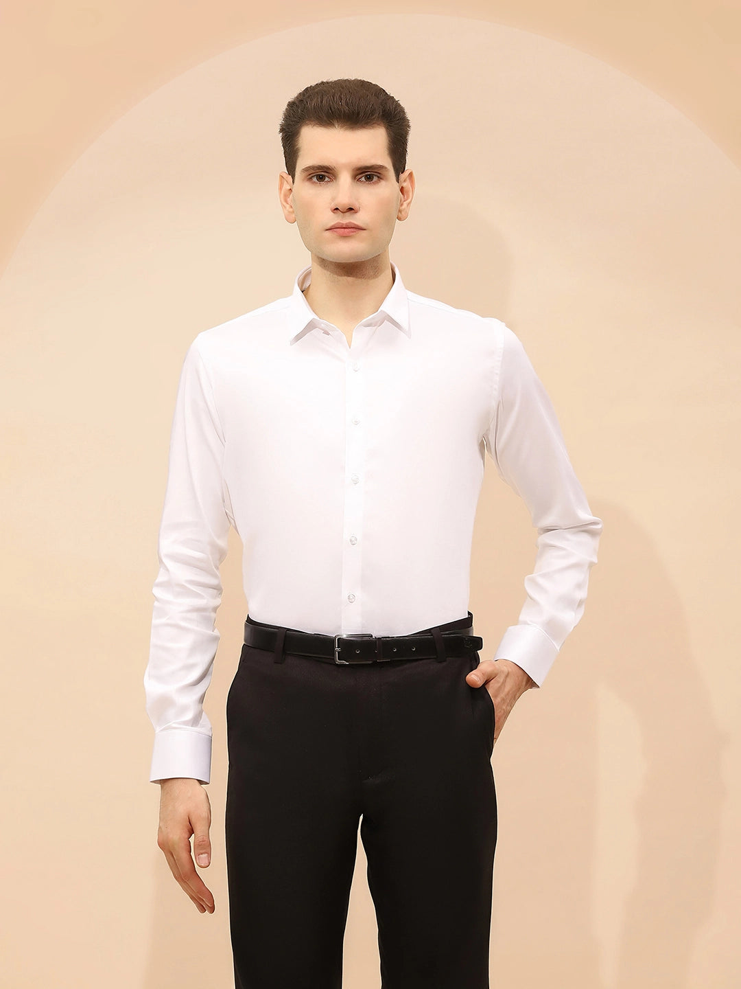 White Cotton Blend Tailored Fit Shirt For Men