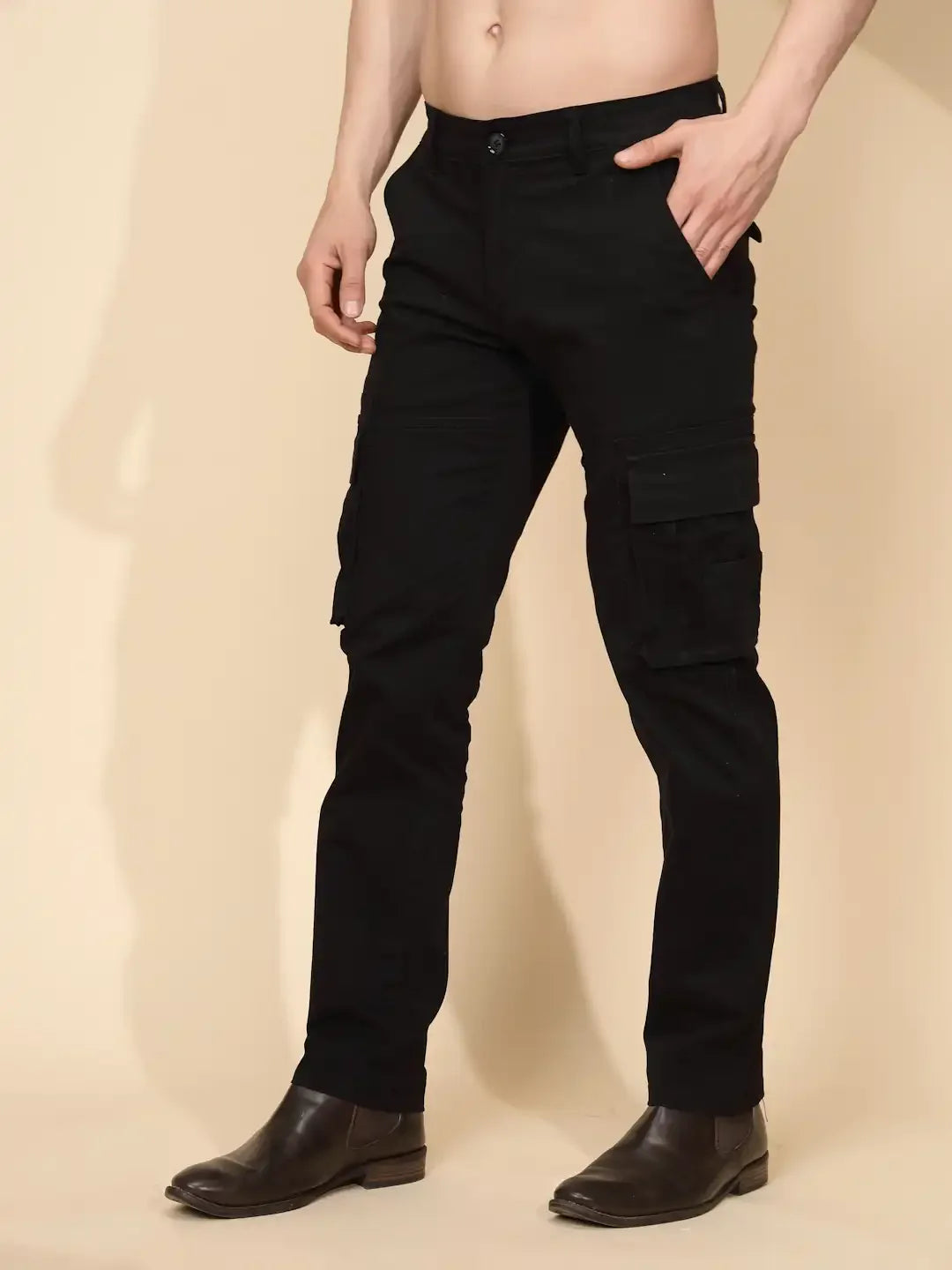 Black Cotton Blend Regular Fit Cargo For Men - Global Republic