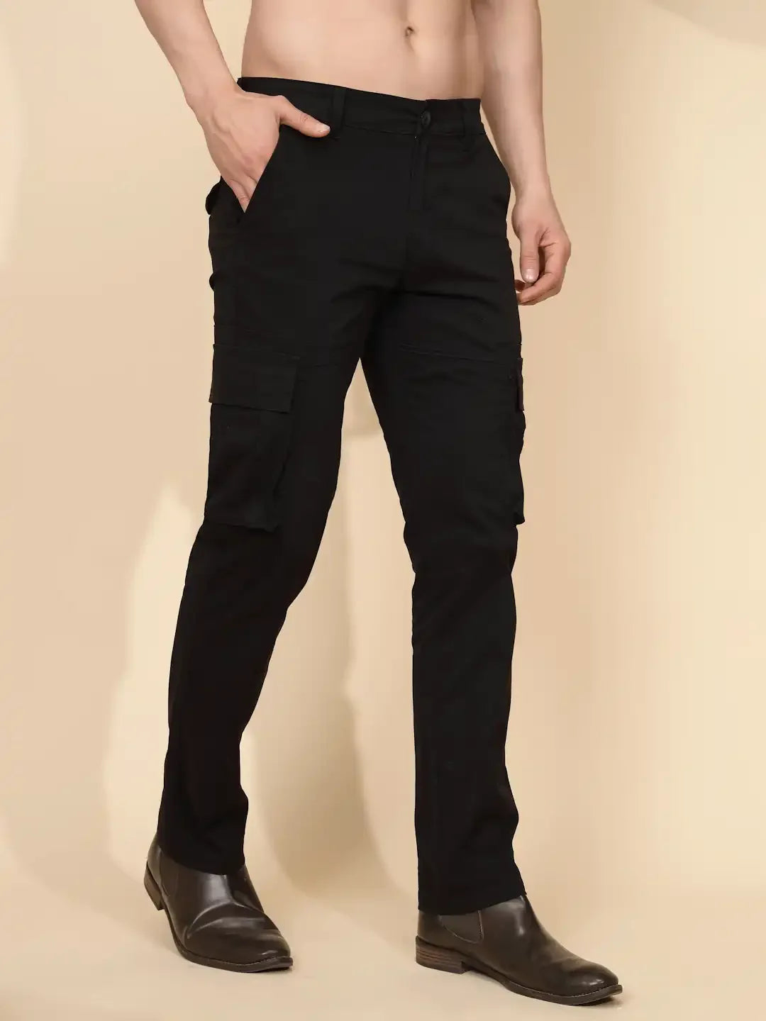 Black Cotton Blend Regular Fit Cargo For Men - Global Republic