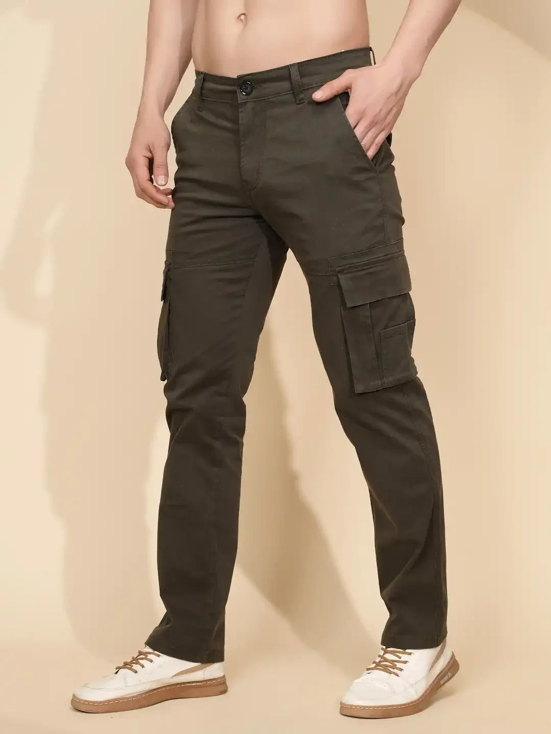 Olive Cotton Blend Regular Fit Cargo For Men - Global Republic