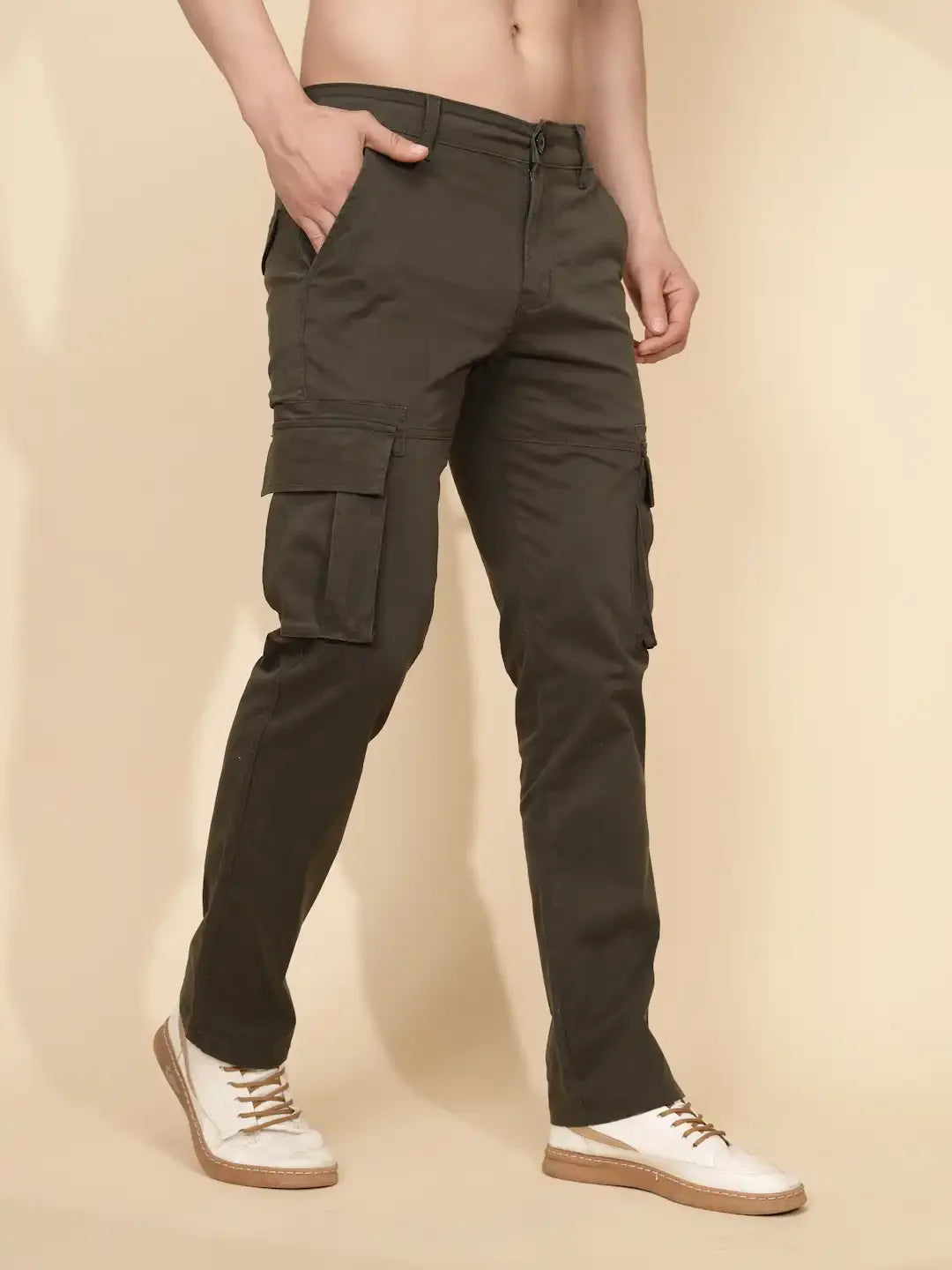Olive Cotton Blend Regular Fit Cargo For Men - Global Republic