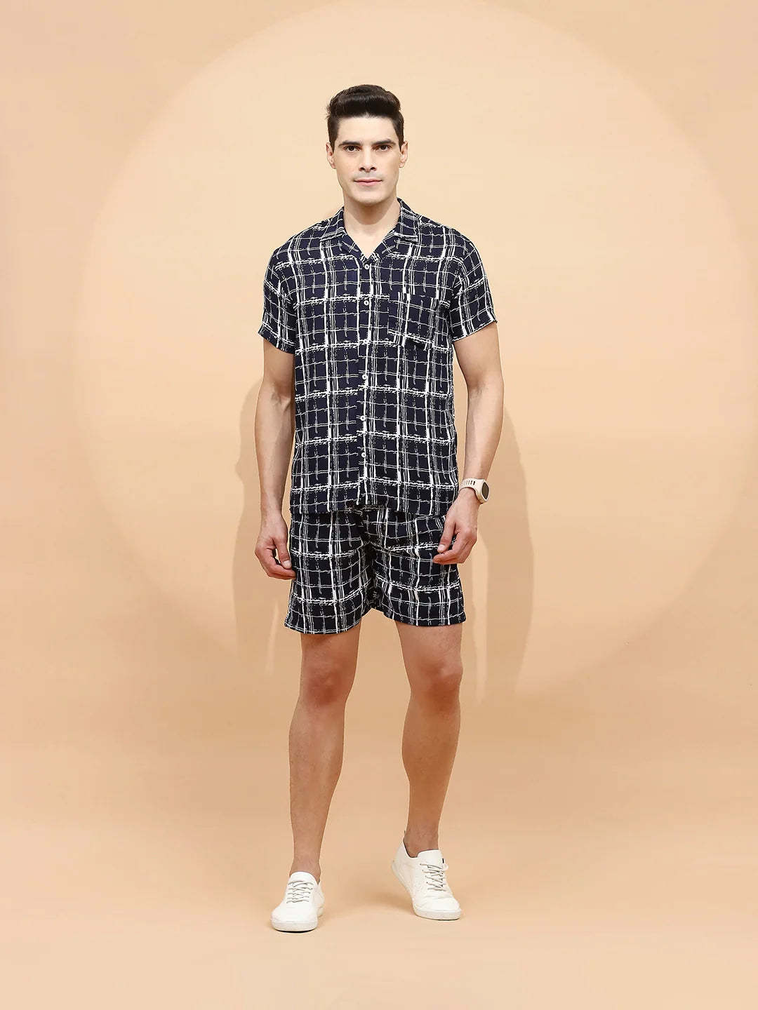Navy Cotton Blend Regular Fit Shorts Set For Men